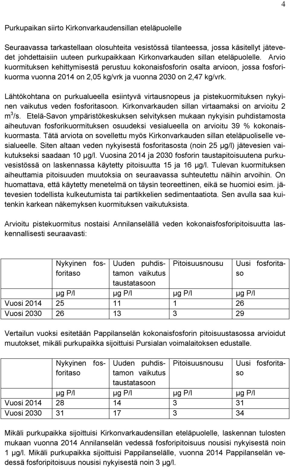 Lähtökohtana on purkualueella esiintyvä virtausnopeus ja pistekuormituksen nykyinen vaikutus veden fosforitasoon. Kirkonvarkauden sillan virtaamaksi on arvioitu 2 m 3 /s.