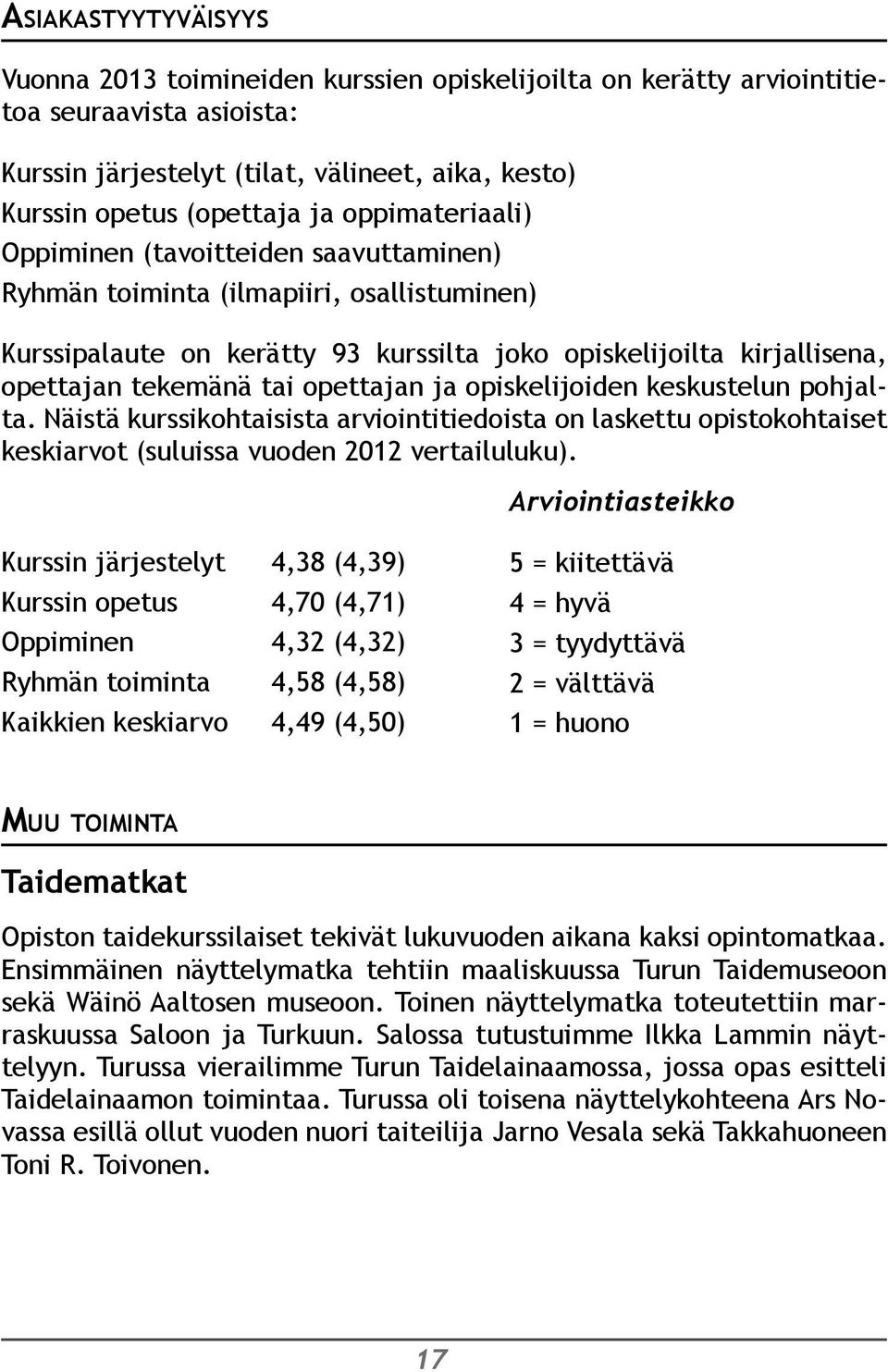 opettajan ja opiskelijoiden keskustelun pohjalta. Näistä kurssikohtaisista arviointitiedoista on laskettu opistokohtaiset keskiarvot (suluissa vuoden 2012 vertailuluku).