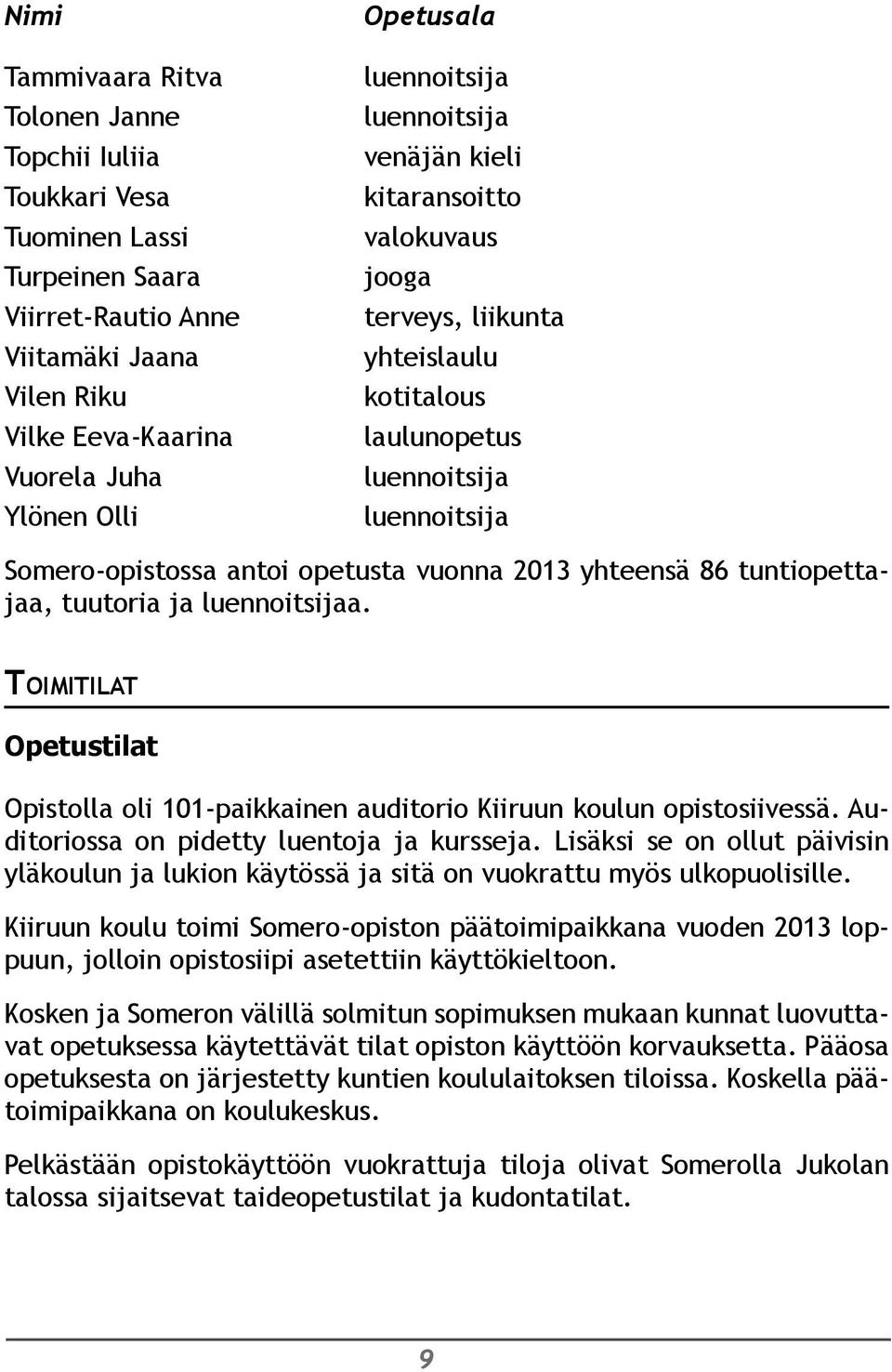 Toimitilat Opetustilat Opistolla oli 101-paikkainen auditorio Kiiruun koulun opistosiivessä. Auditoriossa on pidetty luentoja ja kursseja.