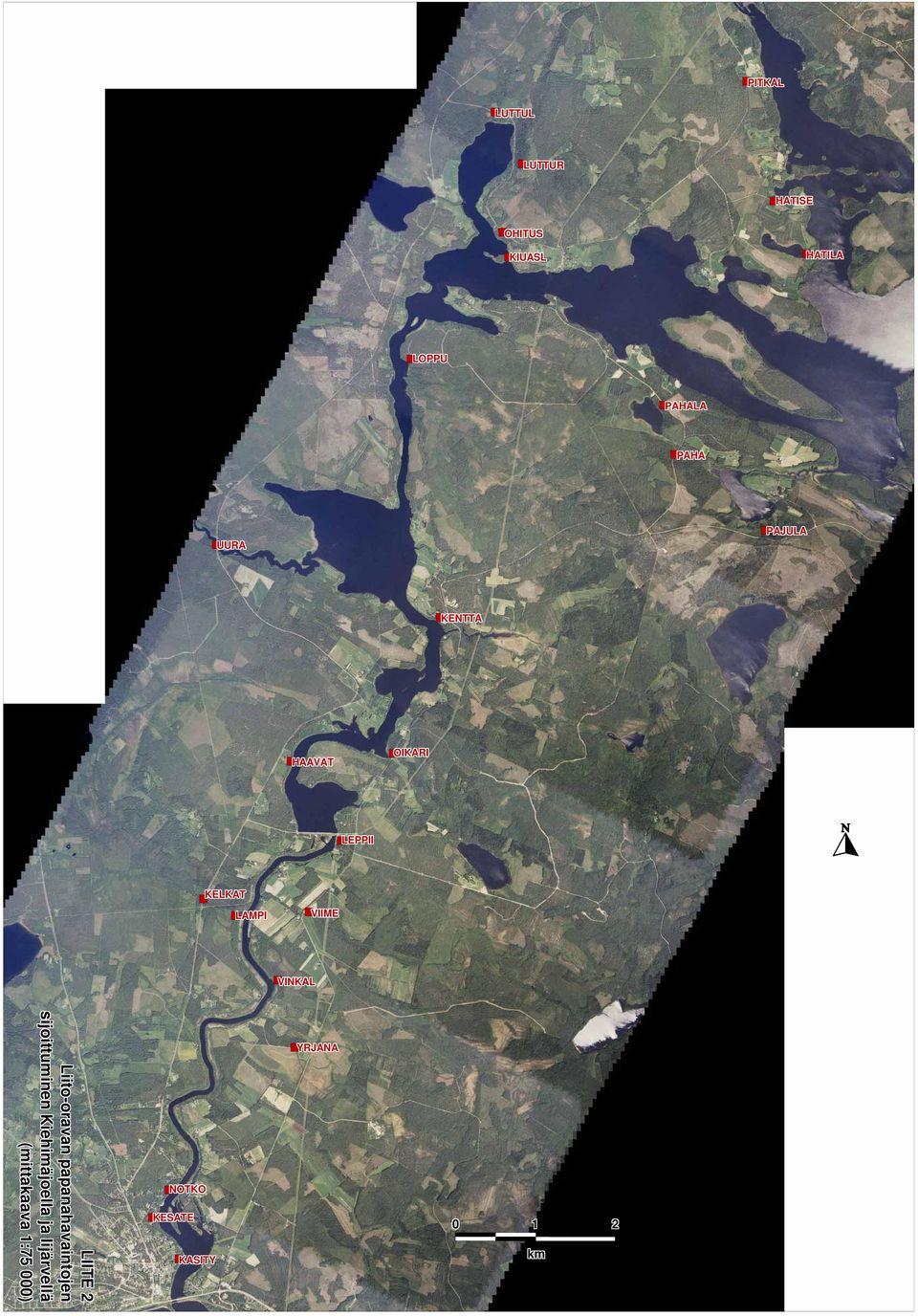 sijoittuminen Kiehimäjoella ja Iijärvellä (mittakaava 1:75 000)