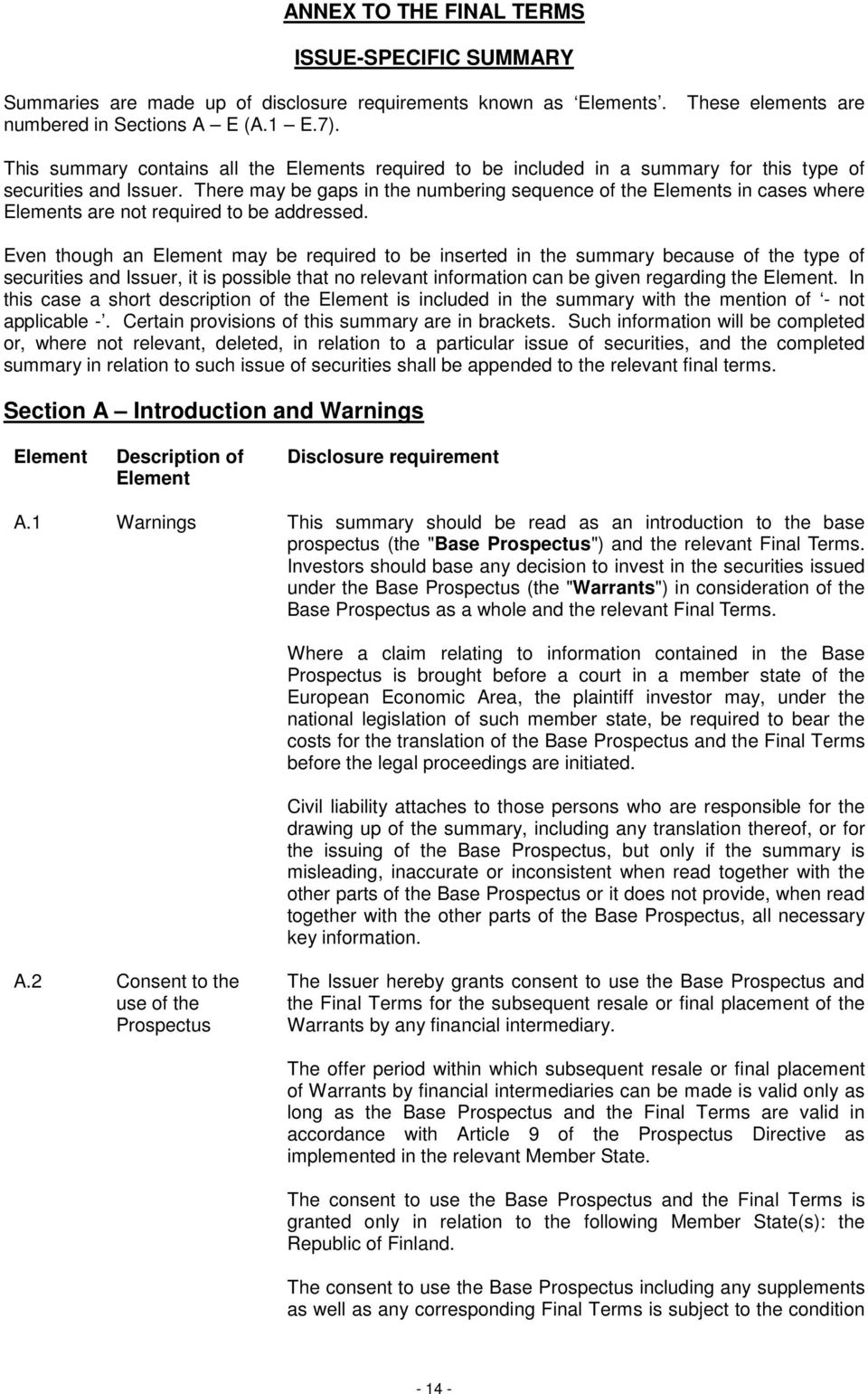 There may be gaps in the numbering sequence of the Elements in cases where Elements are not required to be addressed.