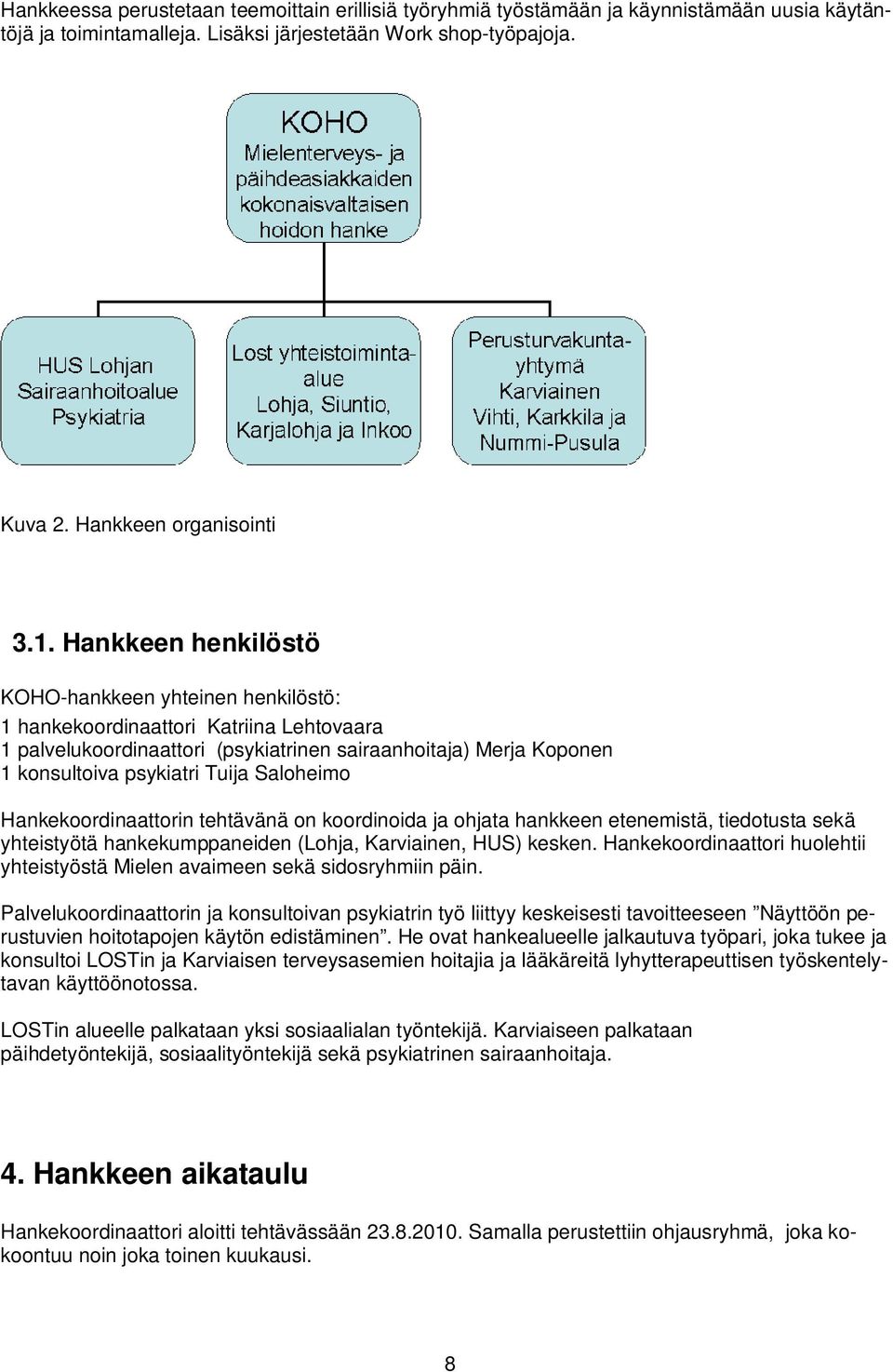 Saloheimo Hankekoordinaattorin tehtävänä on koordinoida ja ohjata hankkeen etenemistä, tiedotusta sekä yhteistyötä hankekumppaneiden (Lohja, Karviainen, HUS) kesken.