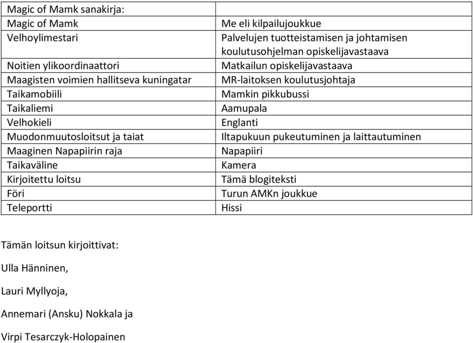 koulutusohjelman opiskelijavastaava Matkailun opiskelijavastaava MR-laitoksen koulutusjohtaja Mamkin pikkubussi Aamupala Englanti Iltapukuun pukeutuminen ja