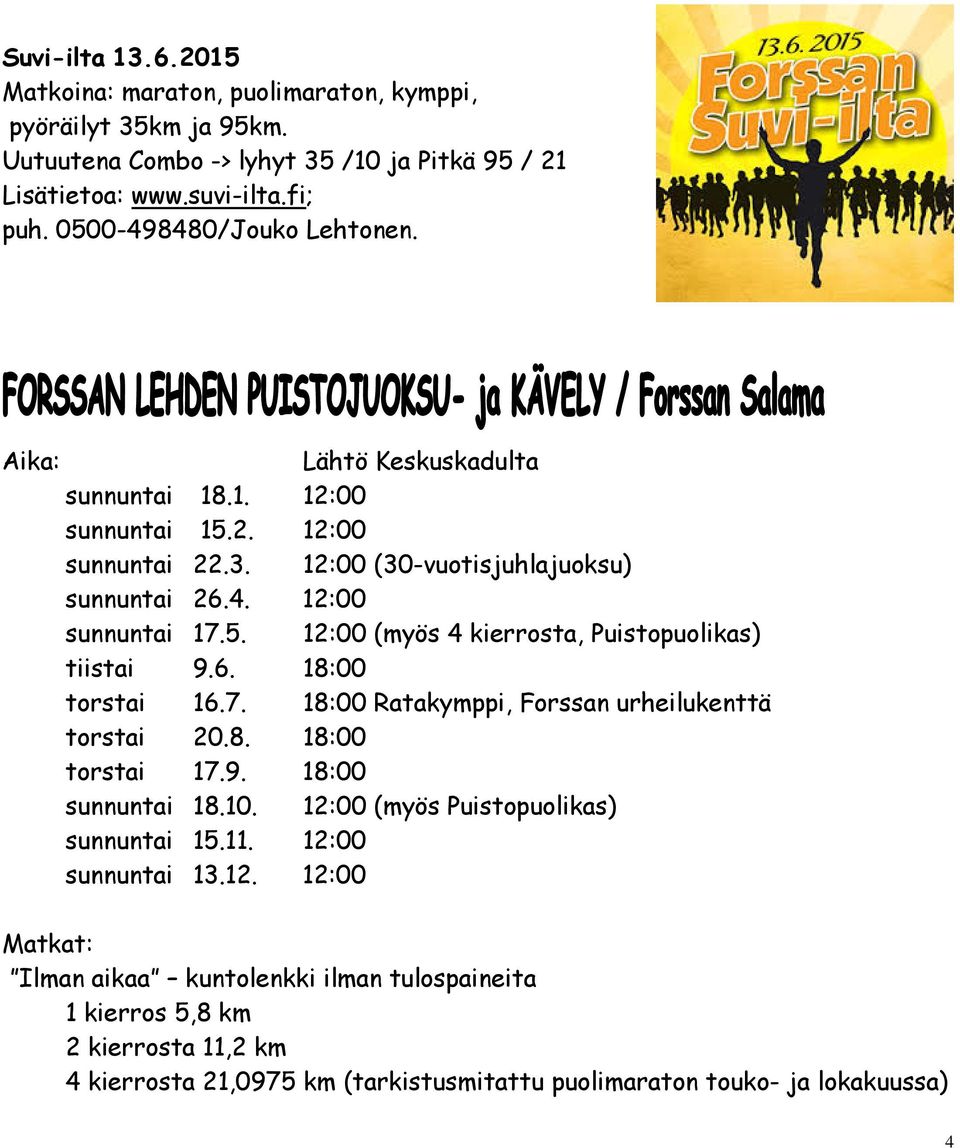 6. 18:00 torstai 16.7. 18:00 Ratakymppi, Forssan urheilukenttä torstai 20.8. 18:00 torstai 17.9. 18:00 sunnuntai 18.10. 12: