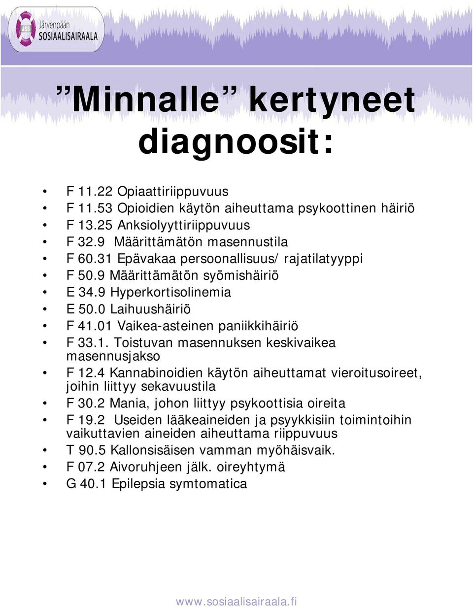 4 Kannabinoidien käytön aiheuttamat vieroitusoireet, joihin liittyy sekavuustila F 30.2 Mania, johon liittyy psykoottisia oireita F 19.