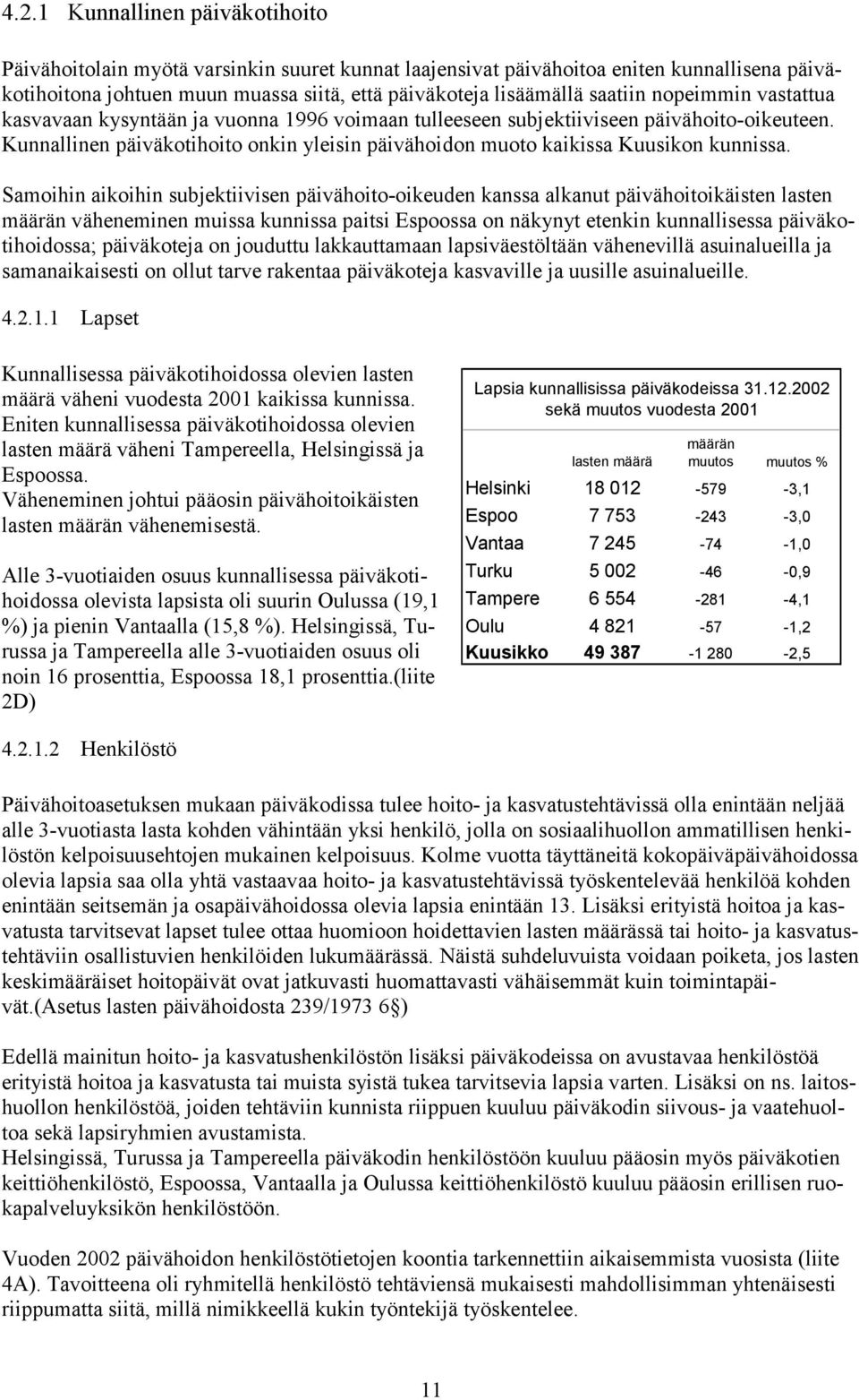 Samoihin aikoihin subjektiivisen päivähoito-oikeuden kanssa alkanut päivähoitoikäisten lasten määrän väheneminen muissa kunnissa paitsi Espoossa on näkynyt etenkin kunnallisessa päiväkotihoidossa;