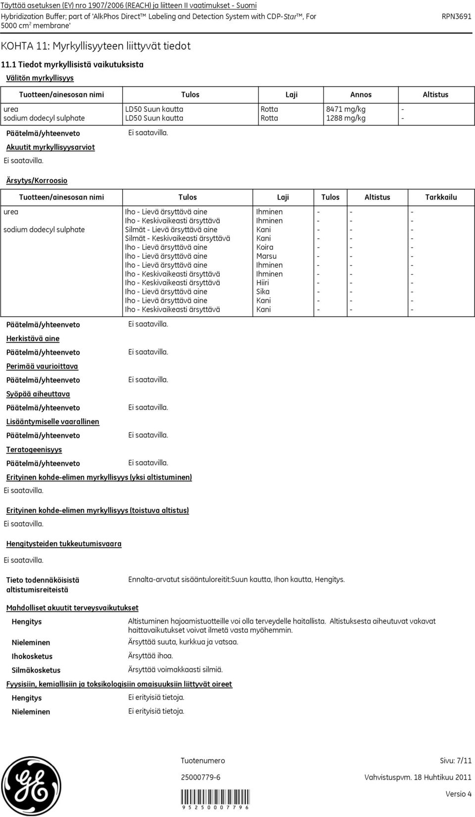 1 Tiedot myrkyllisistä vaikutuksista Välitön myrkyllisyys Tuotteen/ainesosan nimi Tulos Laji Annos Altistus urea LD50 Suun kautta Rotta 8471 mg/kg sodium dodecyl sulphate LD50 Suun kautta Rotta 1288