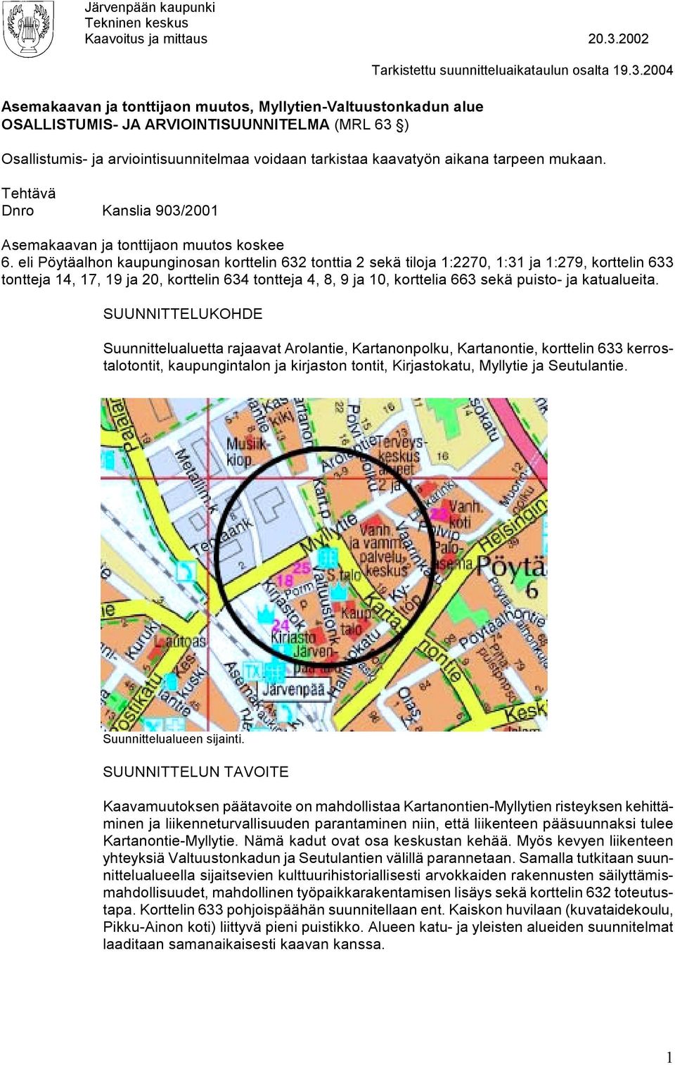 ) Tarkistettu suunnitteluaikataulun osalta 19.3.2004 Osallistumis- ja arviointisuunnitelmaa voidaan tarkistaa kaavatyön aikana tarpeen mukaan.