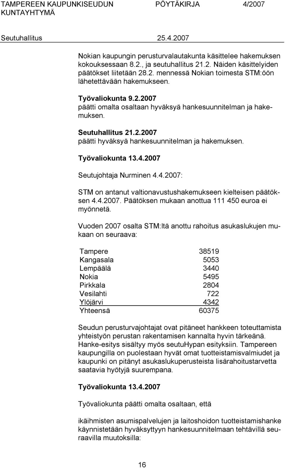 2007 Seutujohtaja Nurminen 4.4.2007: STM on antanut valtionavustushakemukseen kielteisen päätöksen 4.4.2007. Päätöksen mukaan anottua 111 450 euroa ei myönnetä.