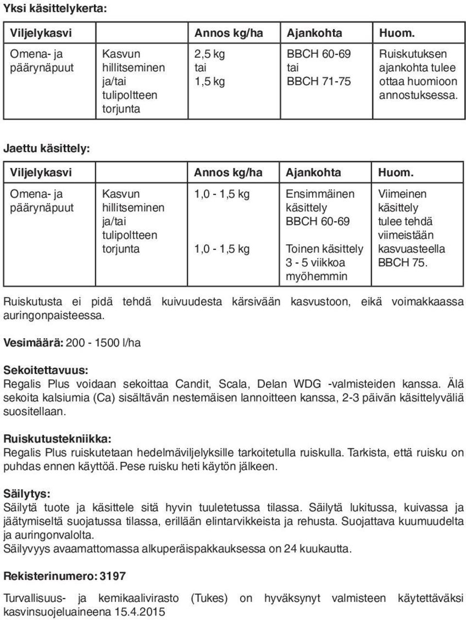 Jaettu käsittely: Viljelykasvi Annos kg/ha Ajankohta Huom.