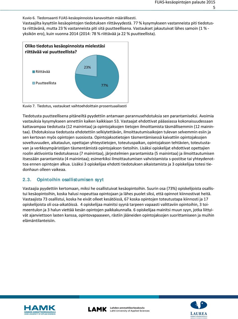 Vastaukset jakautuivat lähes samoin ( % - yksikön ero), kuin vuonna 04 (04: 7 % riittävää ja % puutteellista). Oliko tiedotus kesäopinnoista mielestäsi riittävää vai puutteellista?