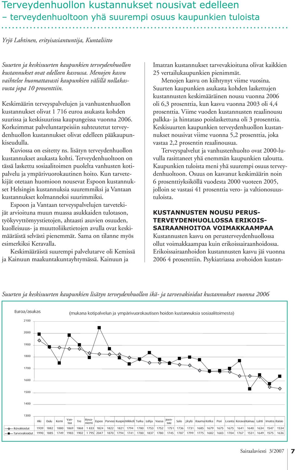 Keskimäärin terveyspalvelujen ja vanhustenhuollon kustannukset olivat 1 716 euroa asukasta kohden suurissa ja keskisuurissa kaupungeissa vuonna 2006.