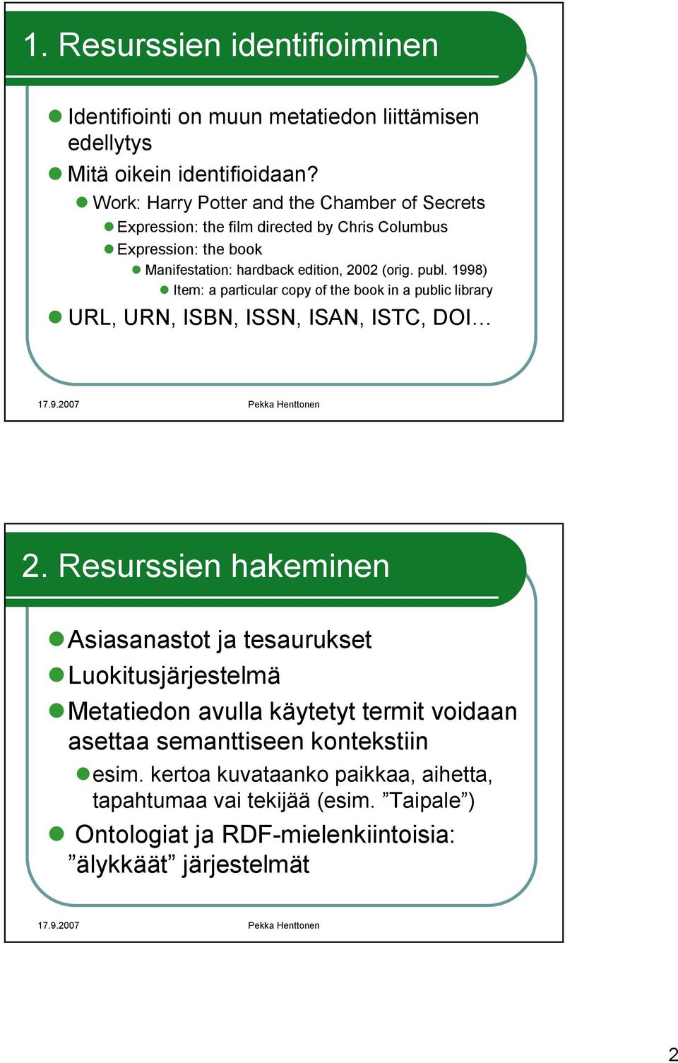 1998) Item: a particular copy of the bookin a publiclibrary URL, URN, ISBN, ISSN, ISAN, ISTC, DOI 2.