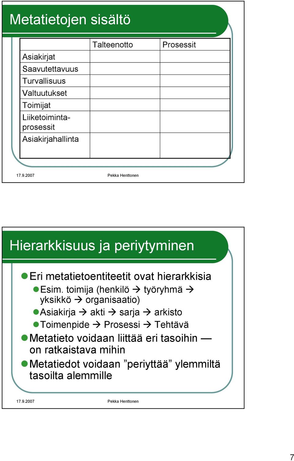 Esim. toimija (henkilö työryhmä yksikkö organisaatio) Asiakirja akti sarja arkisto Toimenpide Prosessi Tehtävä