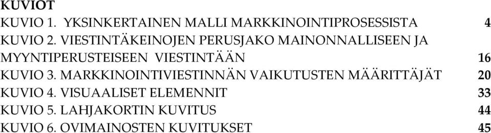 16 KUVIO 3. MARKKINOINTIVIESTINNÄN VAIKUTUSTEN MÄÄRITTÄJÄT 20 KUVIO 4.