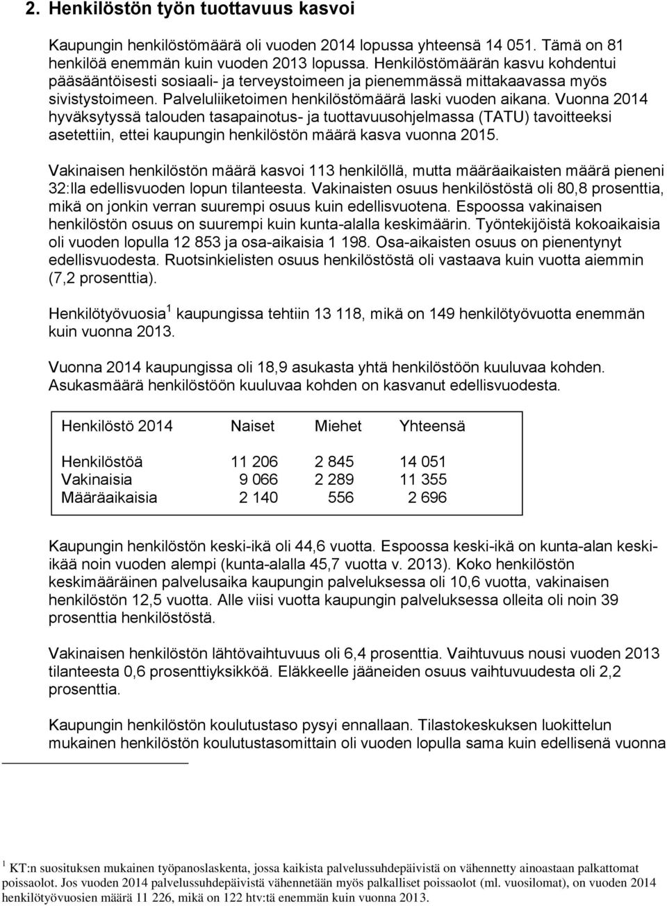 Vuonna 2014 hyväksytyssä talouden tasapainotus- ja tuottavuusohjelmassa (TATU) tavoitteeksi asetettiin, ettei kaupungin henkilöstön määrä kasva vuonna 2015.