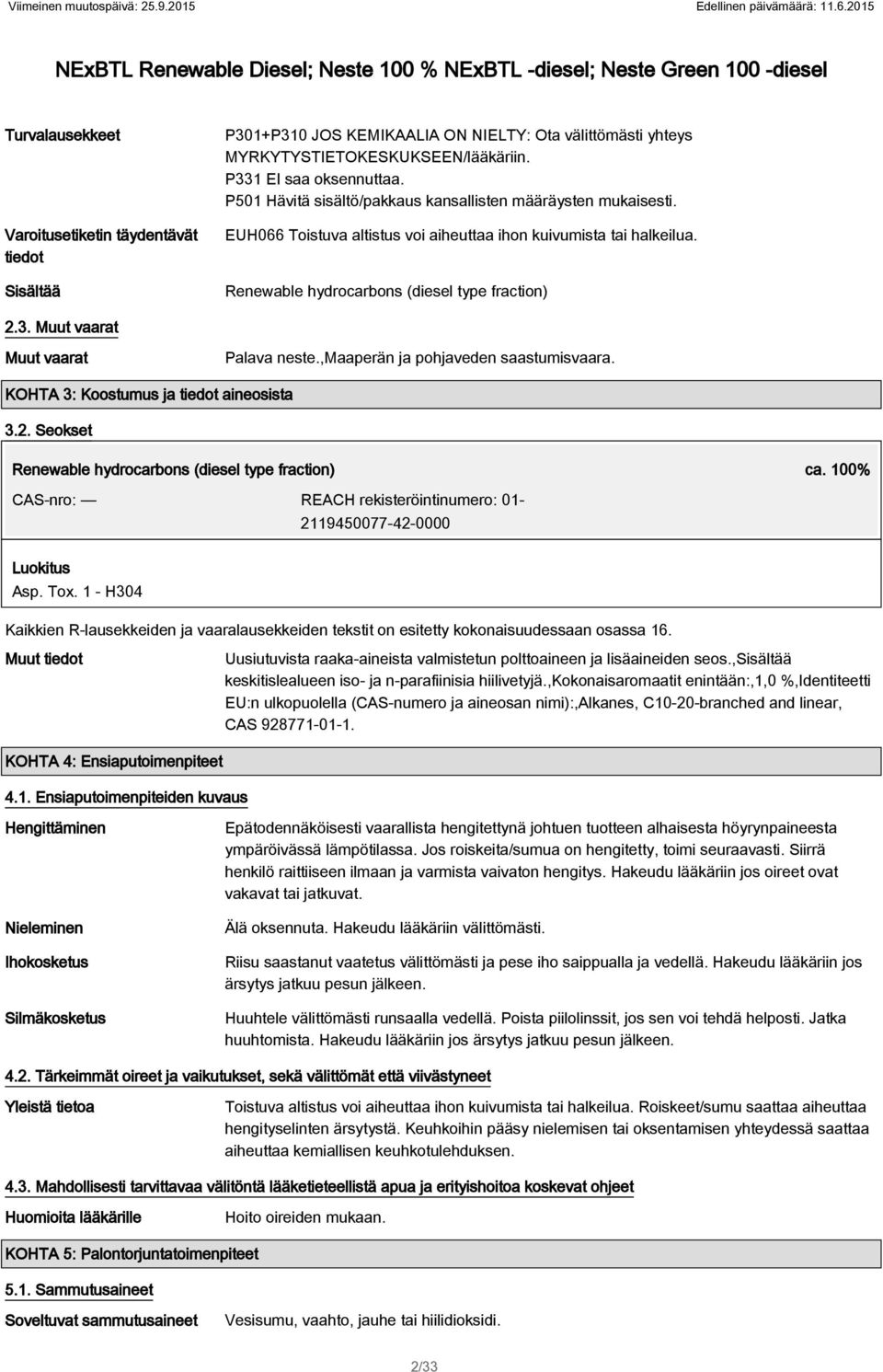 altistus voi aiheuttaa ihon kuivumista tai halkeilua Renewable hydrocarbons (diesel type fraction) 23 Muut vaarat Muut vaarat Palava neste,maaperän ja pohjaveden saastumisvaara KOHTA 3: Koostumus ja