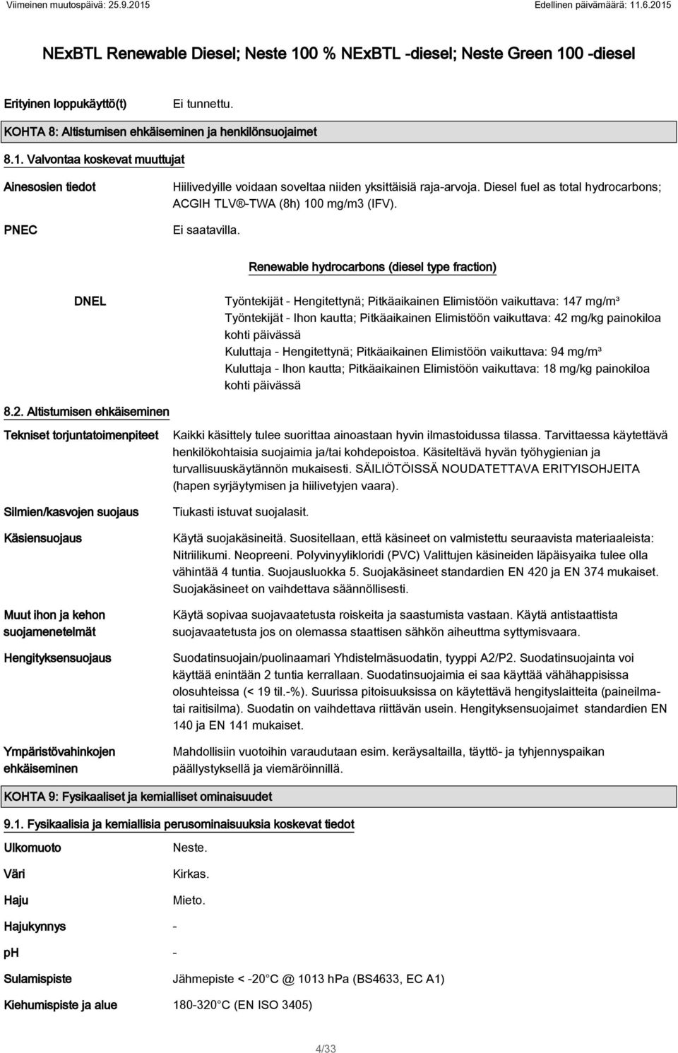 -TWA (8h) 100 mg/m3 (IFV) Ei saatavilla Renewable hydrocarbons (diesel type fraction) DNEL Työntekijät - Hengitettynä; Pitkäaikainen Elimistöön vaikuttava: 147 mg/m³ Työntekijät - Ihon kautta;