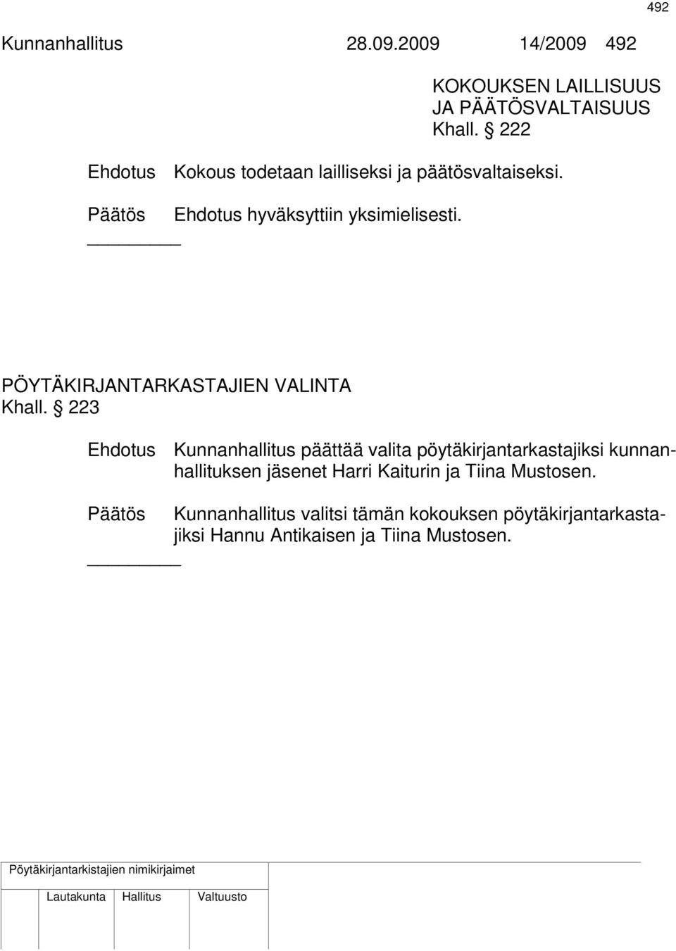 PÖYTÄKIRJANTARKASTAJIEN VALINTA Khall.