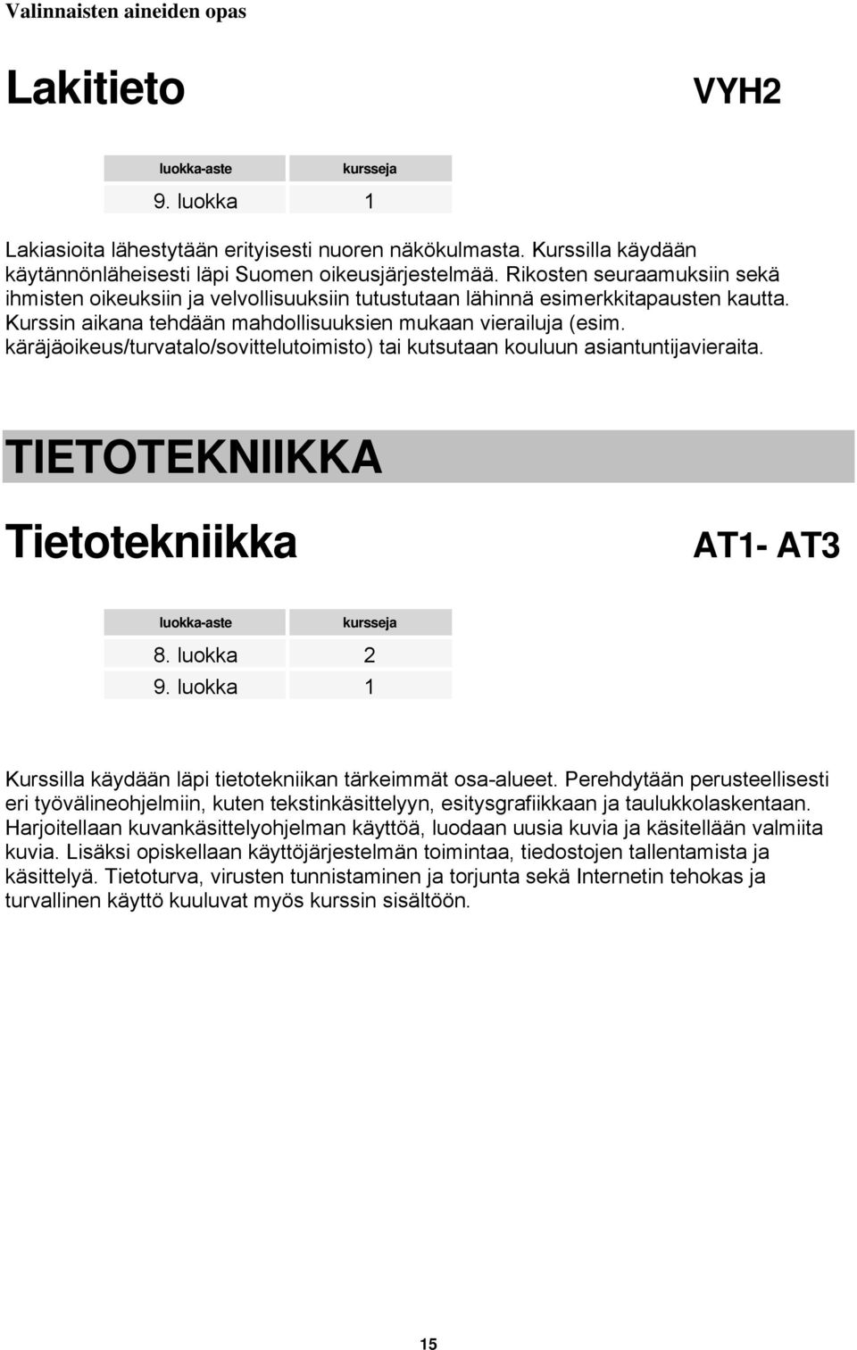 käräjäoikeus/turvatalo/sovittelutoimisto) tai kutsutaan kouluun asiantuntijavieraita. TIETOTEKNIIKKA Tietotekniikka AT1- AT3 8. luokka 2 Kurssilla käydään läpi tietotekniikan tärkeimmät osa-alueet.