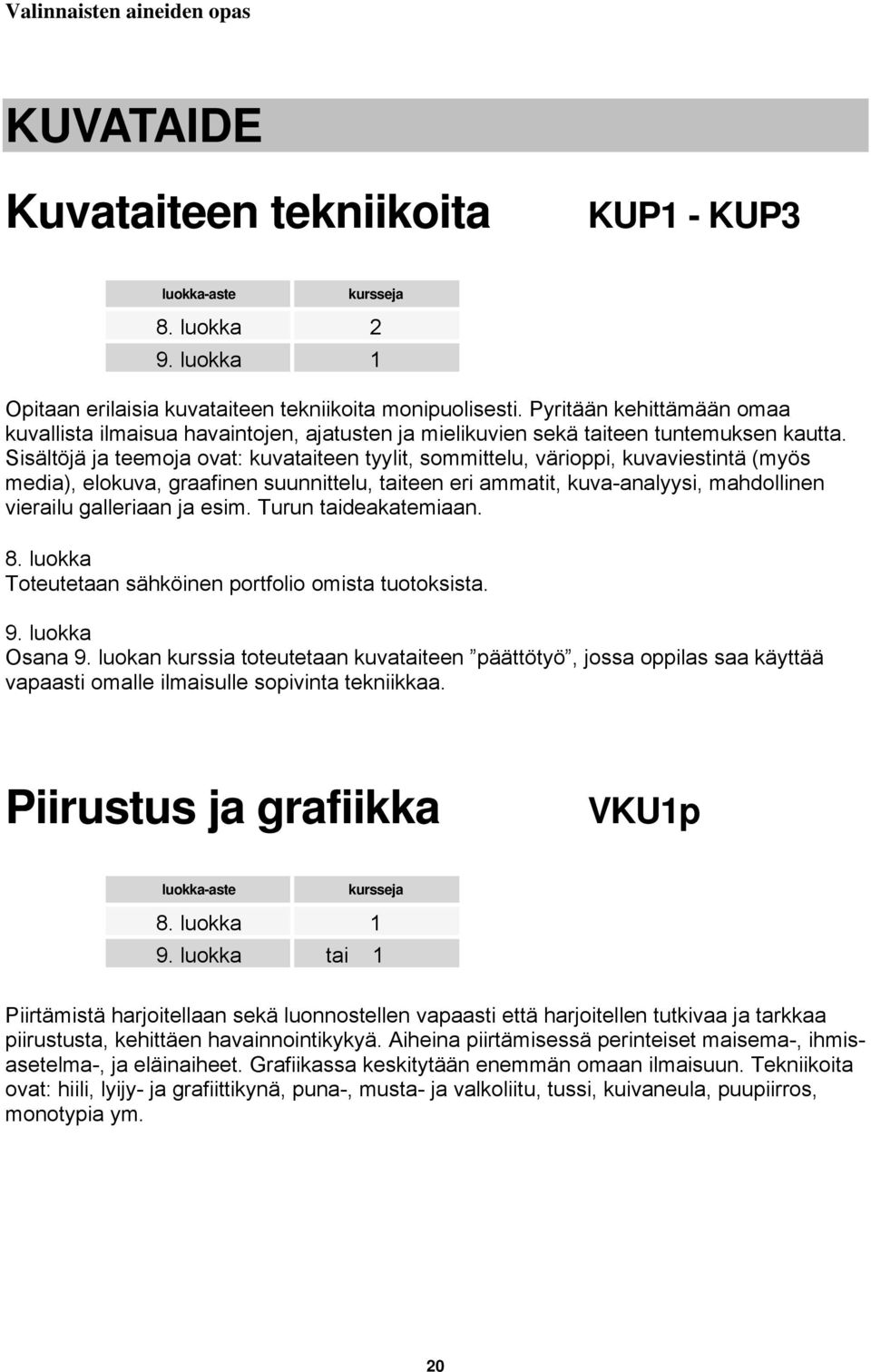 Sisältöjä ja teemoja ovat: kuvataiteen tyylit, sommittelu, värioppi, kuvaviestintä (myös media), elokuva, graafinen suunnittelu, taiteen eri ammatit, kuva-analyysi, mahdollinen vierailu galleriaan ja