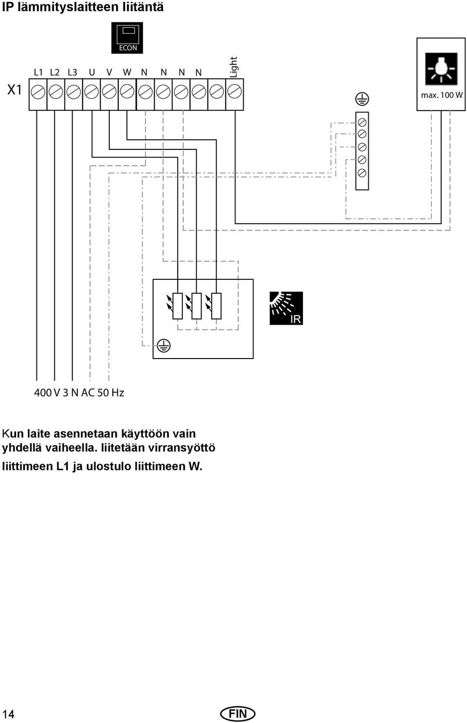 100 W 400 V 3 N AC 50 Hz Kun laite asennetaan käyttöön