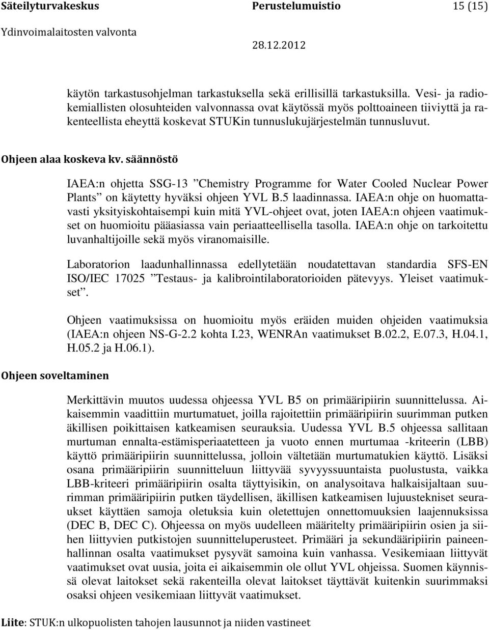 säännöstö Ohjeen soveltaminen IAEA:n ohjetta SSG-13 Chemistry Programme for Water Cooled Nuclear Power Plants on käytetty hyväksi ohjeen YVL B.5 laadinnassa.