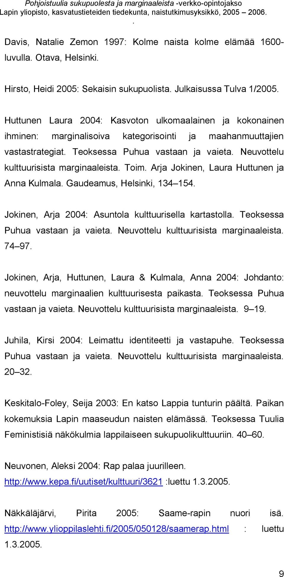 vaieta Neuvottelu kulttuurisista marginaaleista Toim Arja Jokinen, Laura Huttunen ja Anna Kulmala Gaudeamus, Helsinki, 134 154 Jokinen, Arja 2004: Asuntola kulttuurisella kartastolla Teoksessa Puhua