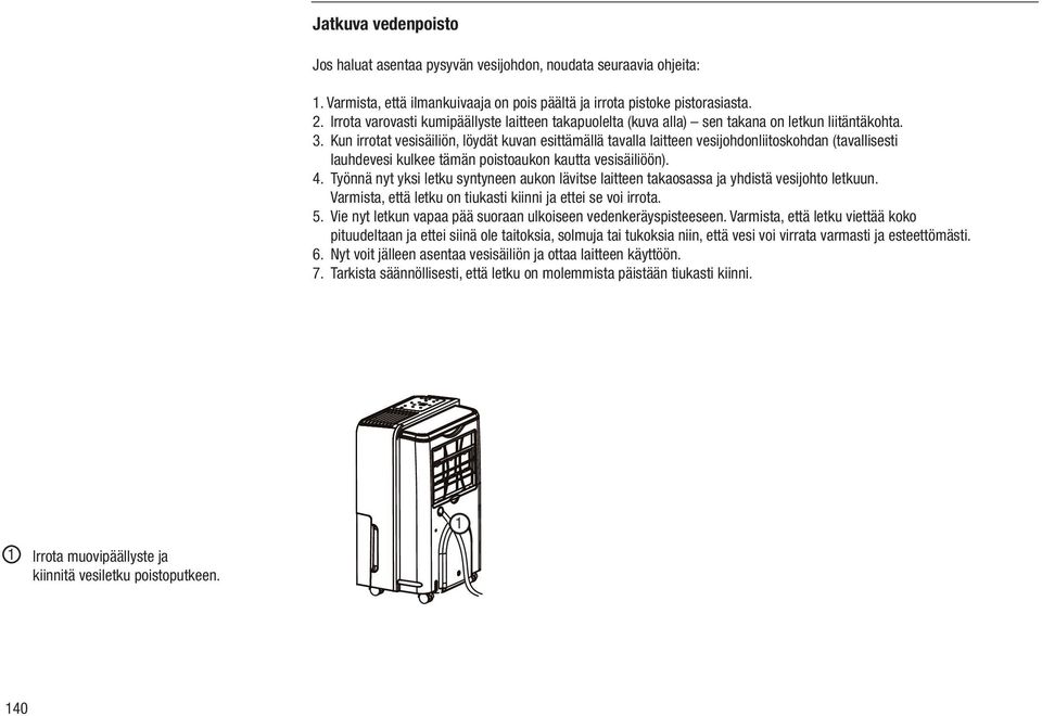 Kun irrotat vesisäiliön, löydät kuvan esittämällä tavalla laitteen vesijohdonliitoskohdan (tavallisesti lauhdevesi kulkee tämän poistoaukon kautta vesisäiliöön). 4.