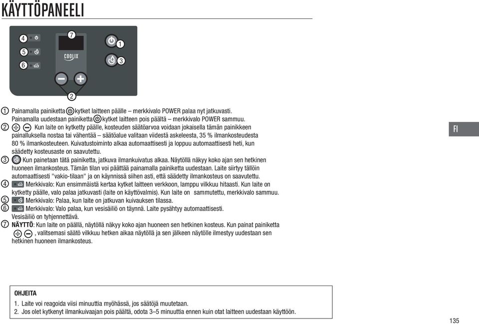 Kun laite on kytketty päälle, kosteuden säätöarvoa voidaan jokaisella tämän painikkeen painalluksella nostaa tai vähentää säätöalue valitaan viidestä askeleesta, 35 % ilmankosteudesta 80 %