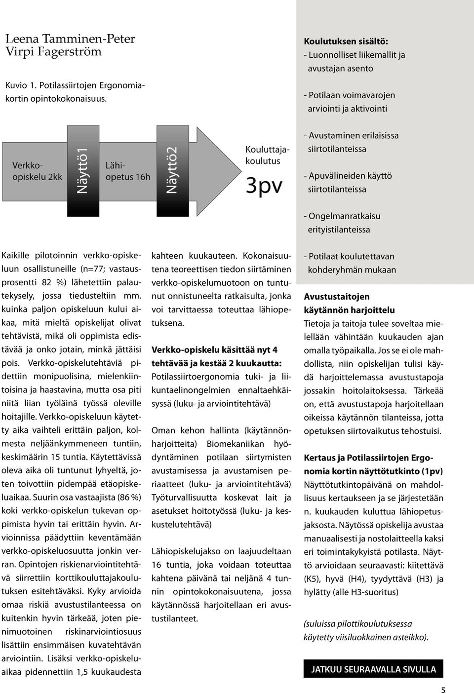 siirtotilanteissa - Ongelmanratkaisu erityistilanteissa Kaikille pilotoinnin verkko-opiskeluun osallistuneille (n=77; vastausprosentti 82 %) lähetettiin palautekysely, jossa tiedusteltiin mm.