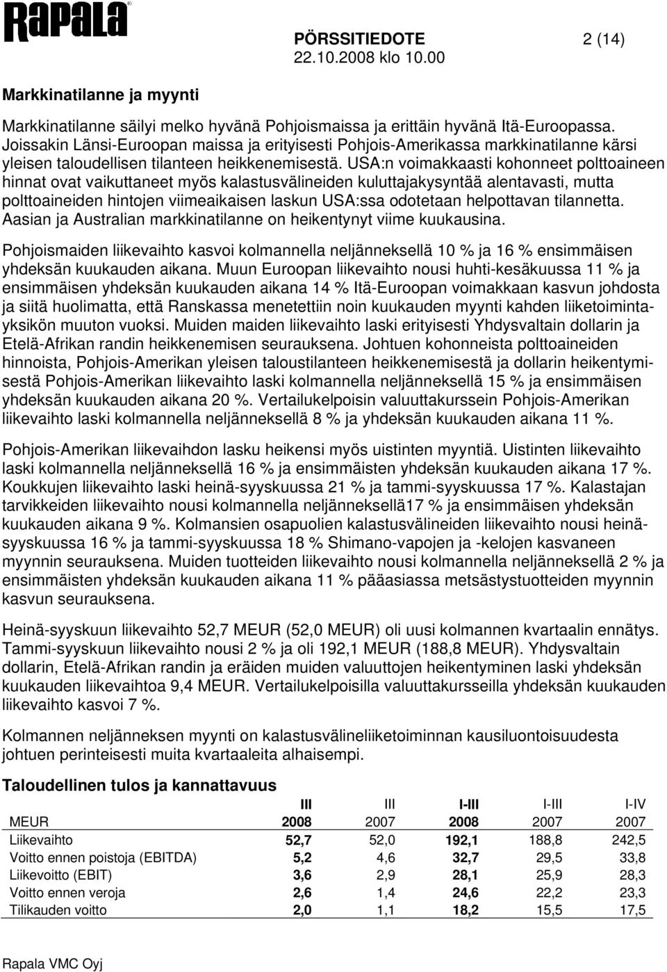 USA:n voimakkaasti kohonneet polttoaineen hinnat ovat vaikuttaneet myös kalastusvälineiden kuluttajakysyntää alentavasti, mutta polttoaineiden hintojen viimeaikaisen laskun USA:ssa odotetaan