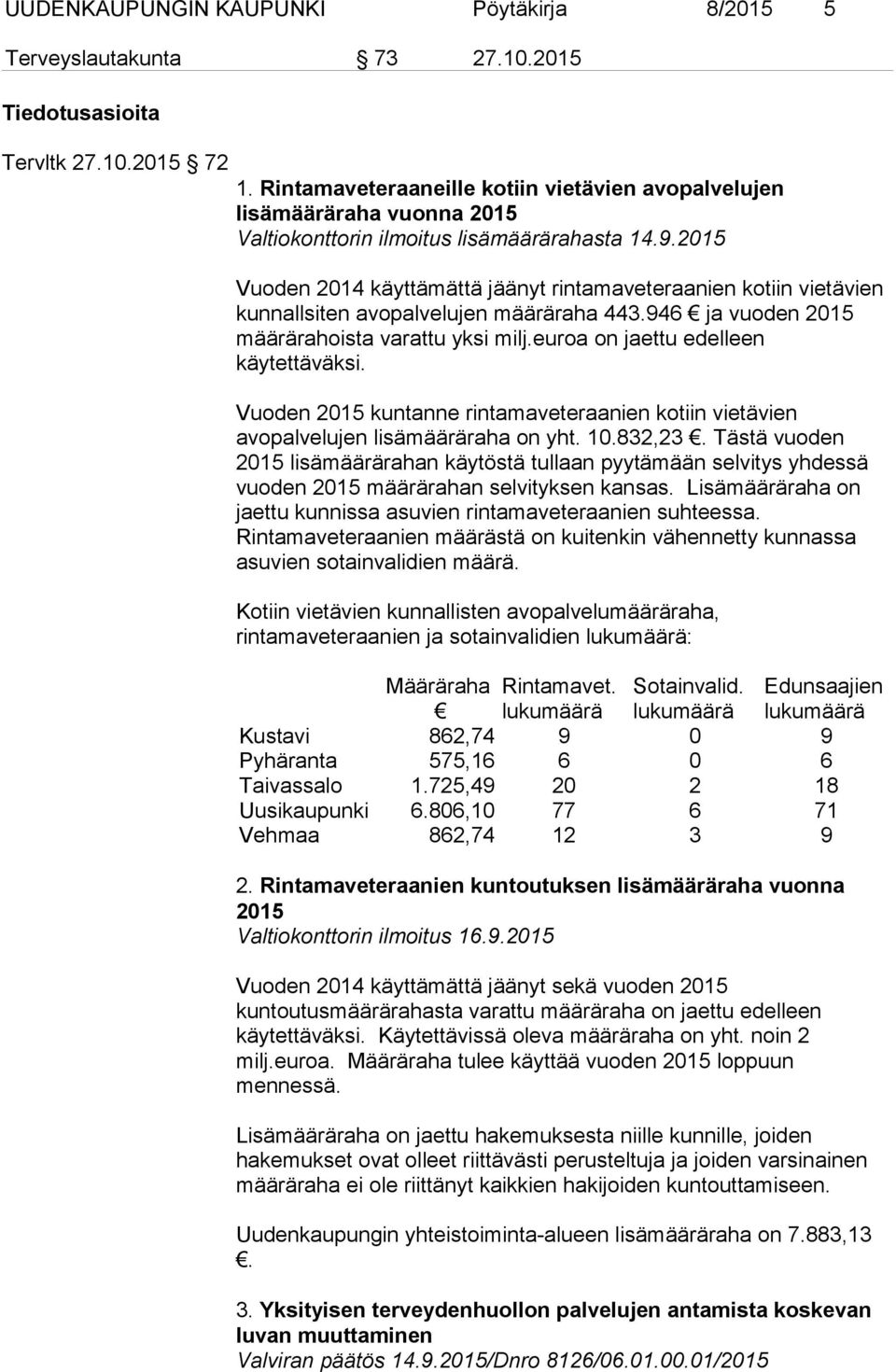 2015 Vuoden 2014 käyttämättä jäänyt rintamaveteraanien kotiin vietävien kunnallsiten avopalvelujen määräraha 443.946 ja vuoden 2015 määrärahoista varattu yksi milj.