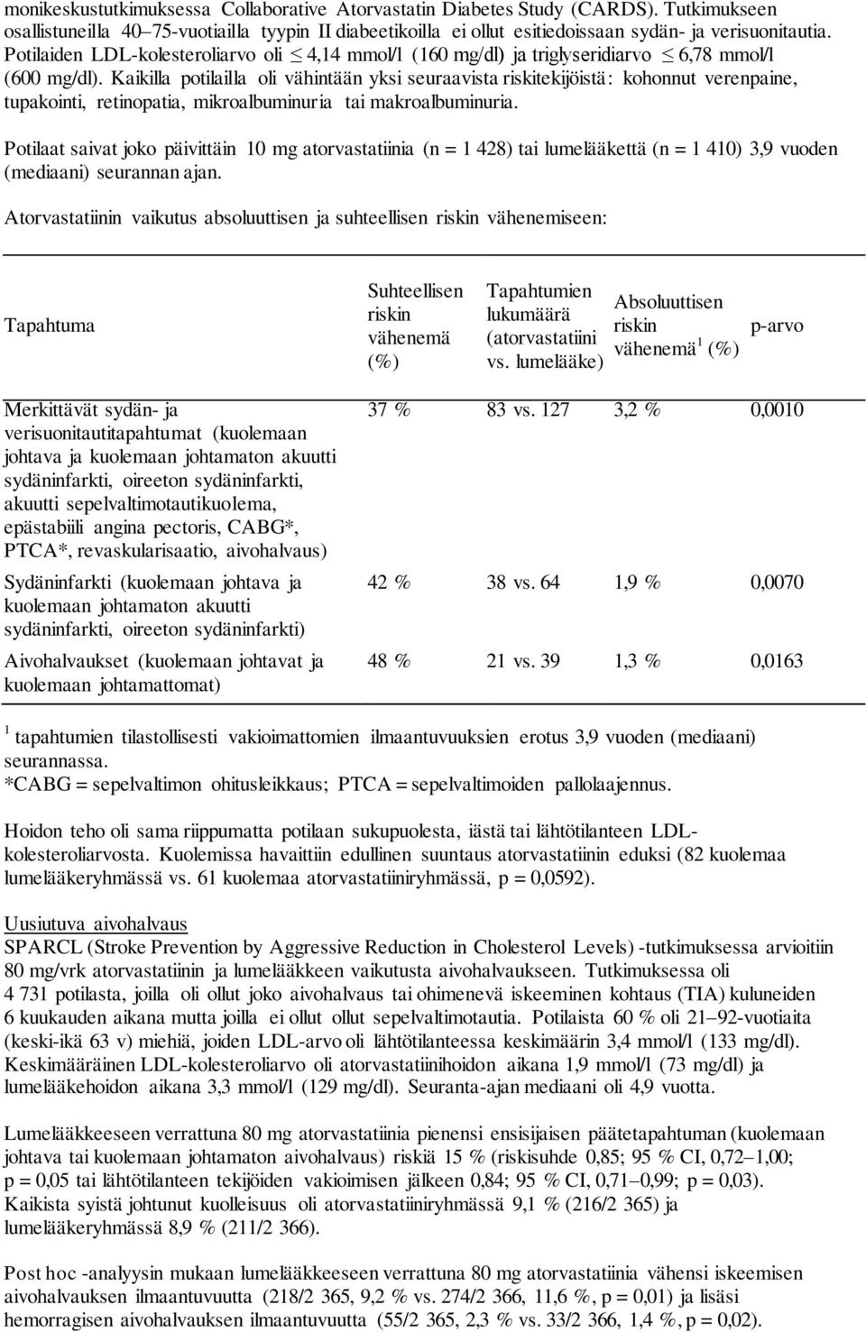 Kaikilla potilailla oli vähintään yksi seuraavista riskitekijöistä: kohonnut verenpaine, tupakointi, retinopatia, mikroalbuminuria tai makroalbuminuria.