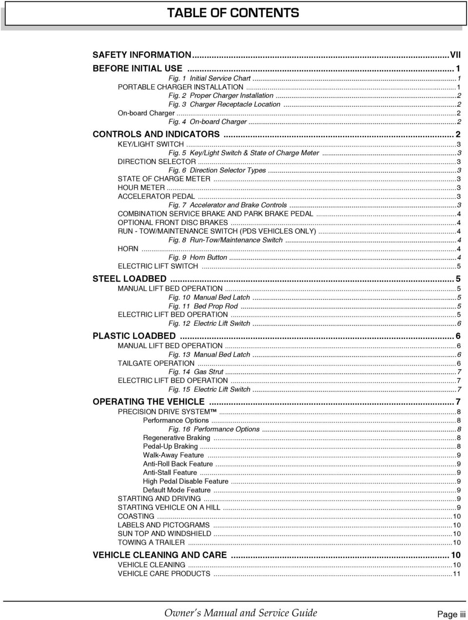 ..3 DIRECTION SELECTOR...3 Fig. 6 Direction Selector Types...3 STATE OF CHARGE METER...3 HOUR METER...3 ACCELERATOR PEDAL...3 Fig. 7 Accelerator and Brake Controls.