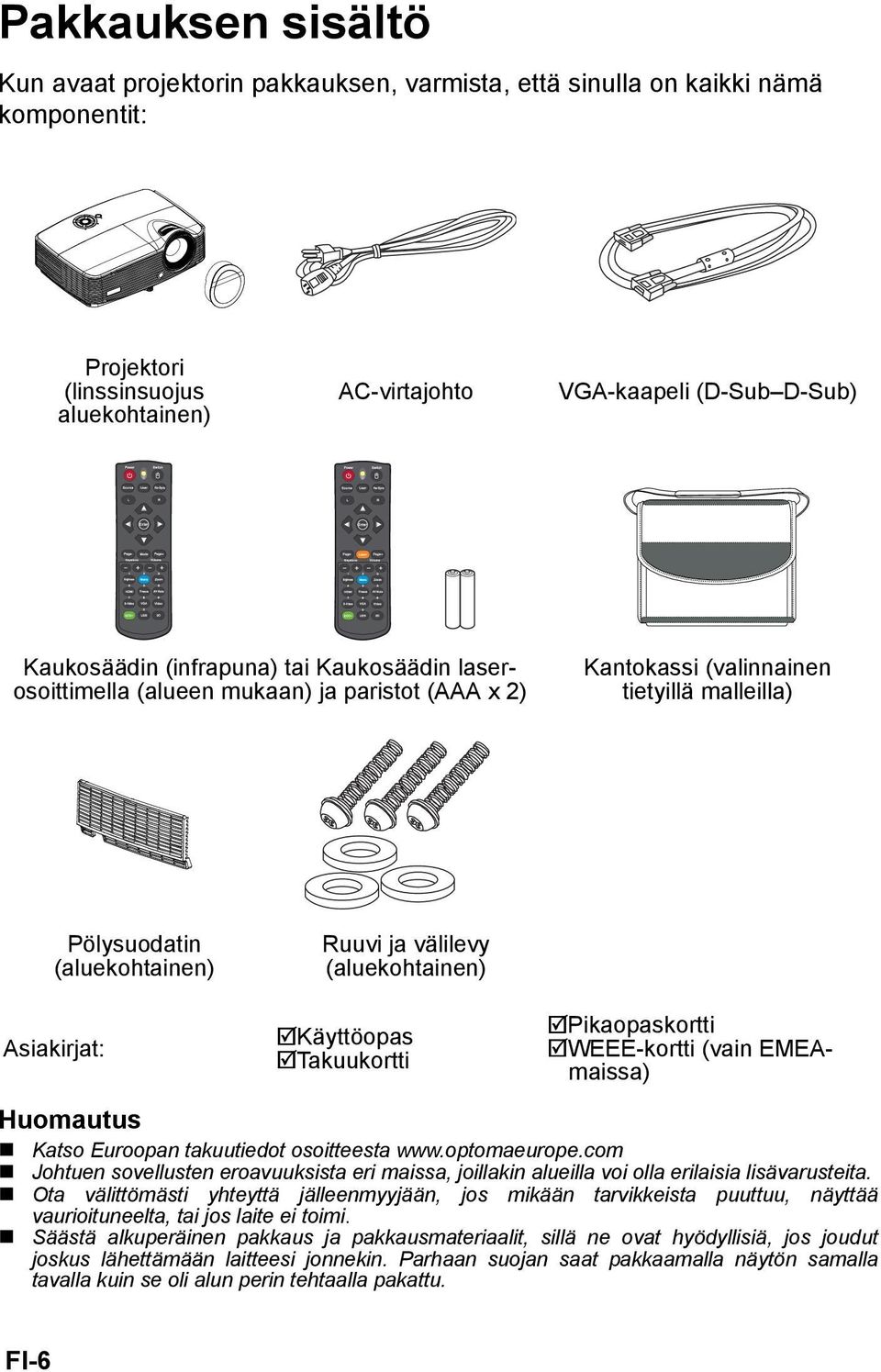 Asiakirjat: Käyttöopas Takuukortti Pikaopaskortti WEEE-kortti (vain EMEAmaissa) Huomautus Katso Euroopan takuutiedot osoitteesta www.optomaeurope.