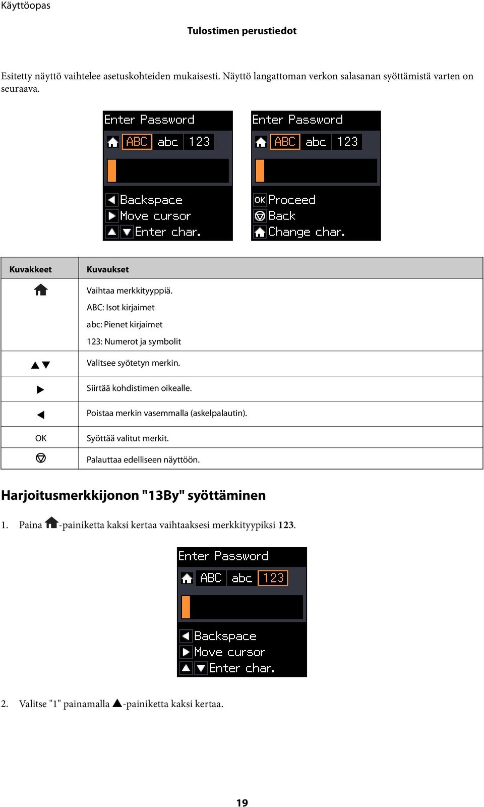 Siirtää kohdistimen oikealle. Poistaa merkin vasemmalla (askelpalautin). Syöttää valitut merkit. Palauttaa edelliseen näyttöön.