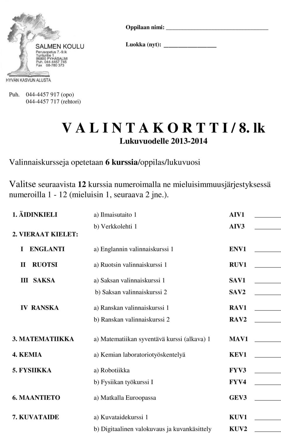 mieluisimmuusjärjestyksessä numeroilla 1-12 (mieluisin 1, seuraava 2 jne.). 1. ÄIDINKIELI a) Ilmaisutaito 1 AIV1 b) Verkkolehti 1 AIV3 2.