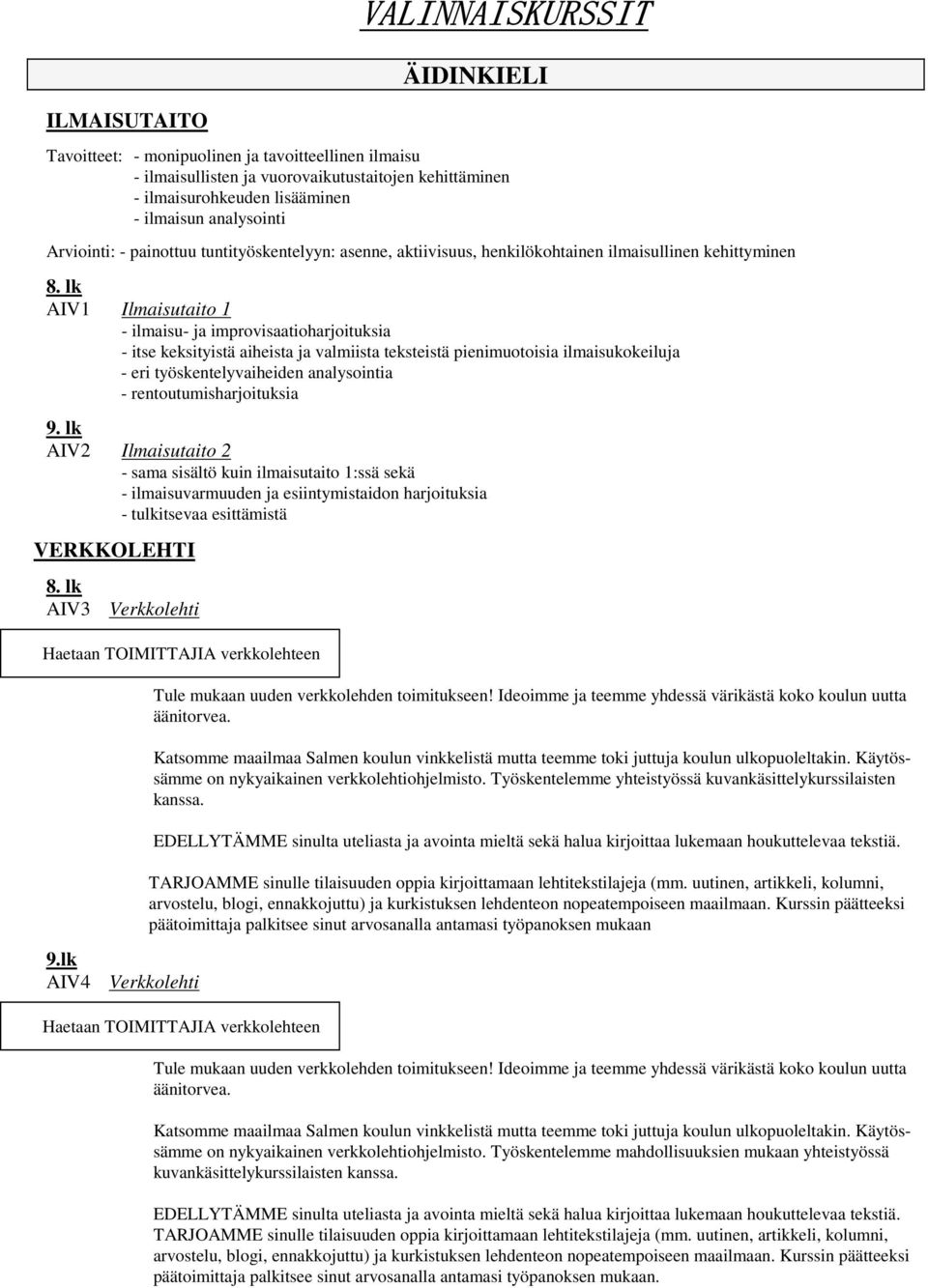 aiheista ja valmiista teksteistä pienimuotoisia ilmaisukokeiluja - eri työskentelyvaiheiden analysointia - rentoutumisharjoituksia AIV2 Ilmaisutaito 2 - sama sisältö kuin ilmaisutaito 1:ssä sekä -