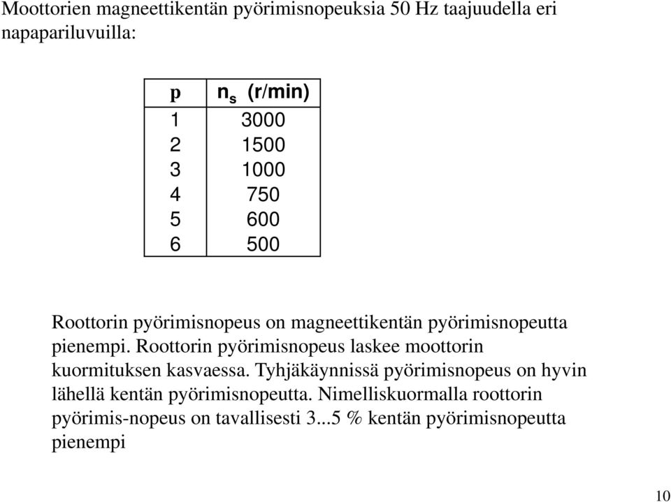 Roottorin pyörimisnopeus laskee moottorin kuormituksen kasvaessa.