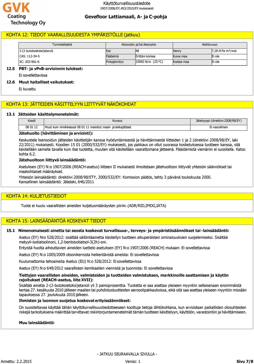 1 Jätteiden käsittelymenetelmät: Koodi Kuvaus Jätetyyppi (direktiivi 2008/98/EY) 08 01 12 Muut kuin nimikkeessä 08 01 11 mainitut maali- ja lakkajätteet Ei vaarallinen Jätehuolto (hävittäminen ja