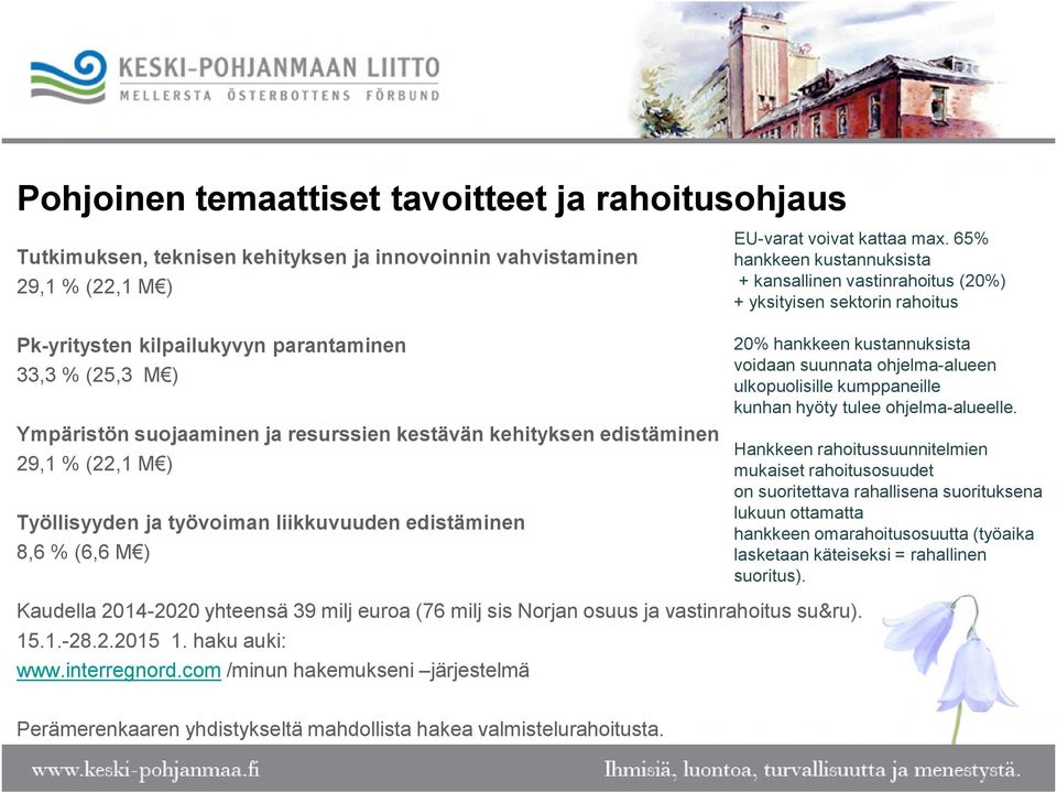 65% hankkeen kustannuksista + kansallinen vastinrahoitus (20%) + yksityisen sektorin rahoitus 20% hankkeen kustannuksista voidaan suunnata ohjelma-alueen ulkopuolisille kumppaneille kunhan hyöty