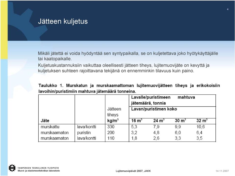 Kuljetuskustannuksiin vaikuttaa oleellisesti jätteen tiheys,
