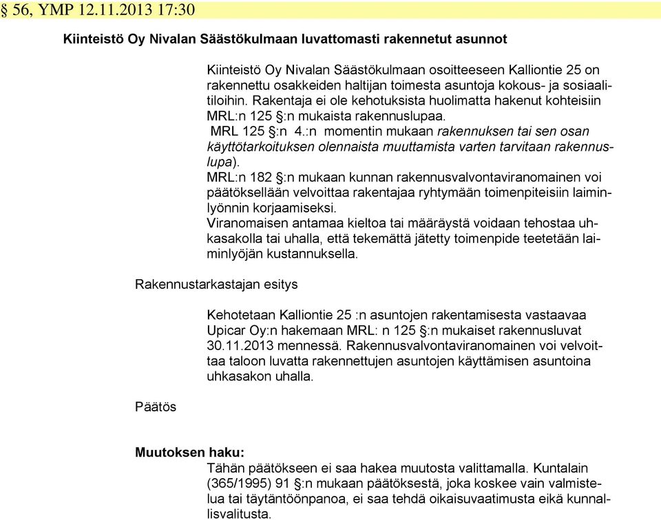 kokous- ja sosiaalitiloihin. Rakentaja ei ole kehotuksista huolimatta hakenut kohteisiin MRL:n 125 :n mukaista rakennuslupaa. MRL 125 :n 4.