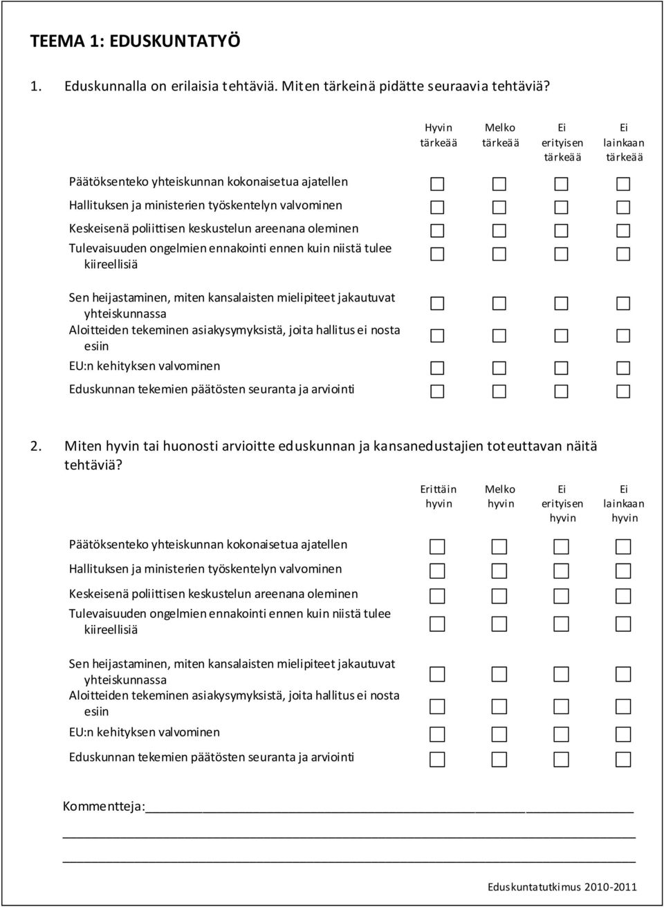 Tulevaisuuden ongelmien ennakointi ennen kuin niistä tulee kiireellisiä Sen heijastaminen, miten kansalaisten mielipiteet jakautuvat yhteiskunnassa Aloitteiden tekeminen asiakysymyksistä, joita