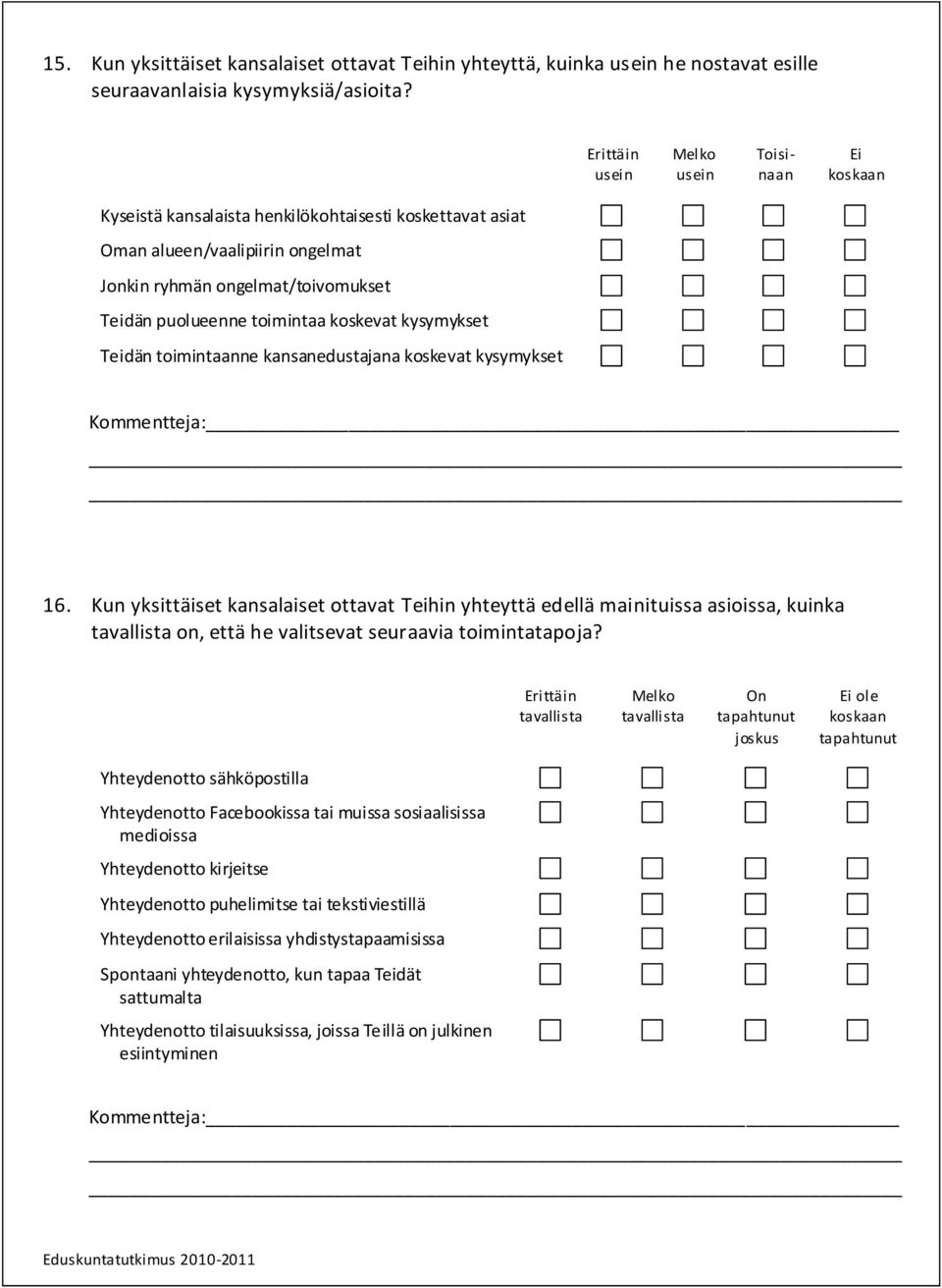 toimintaa koskevat kysymykset Teidän toimintaanne kansanedustajana koskevat kysymykset 16.