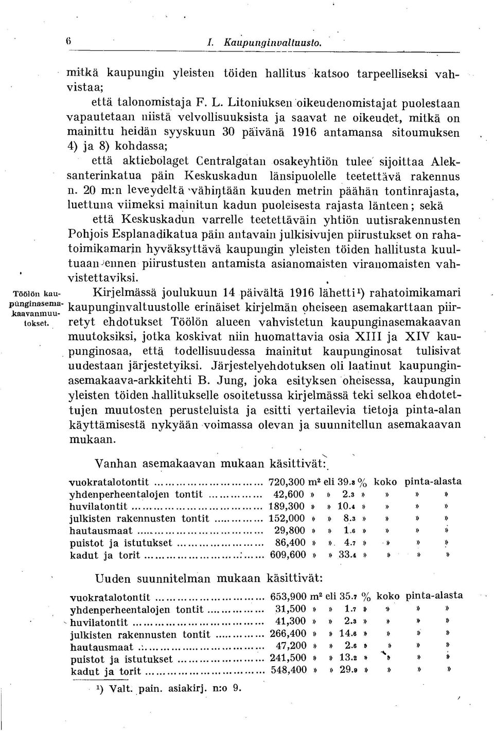 aktiebolaget Centralgatan osakeyhtiön tulee sijoittaa Aleksanterinkatua päin Keskuskadun länsipuolelle teetettävä rakennus n.