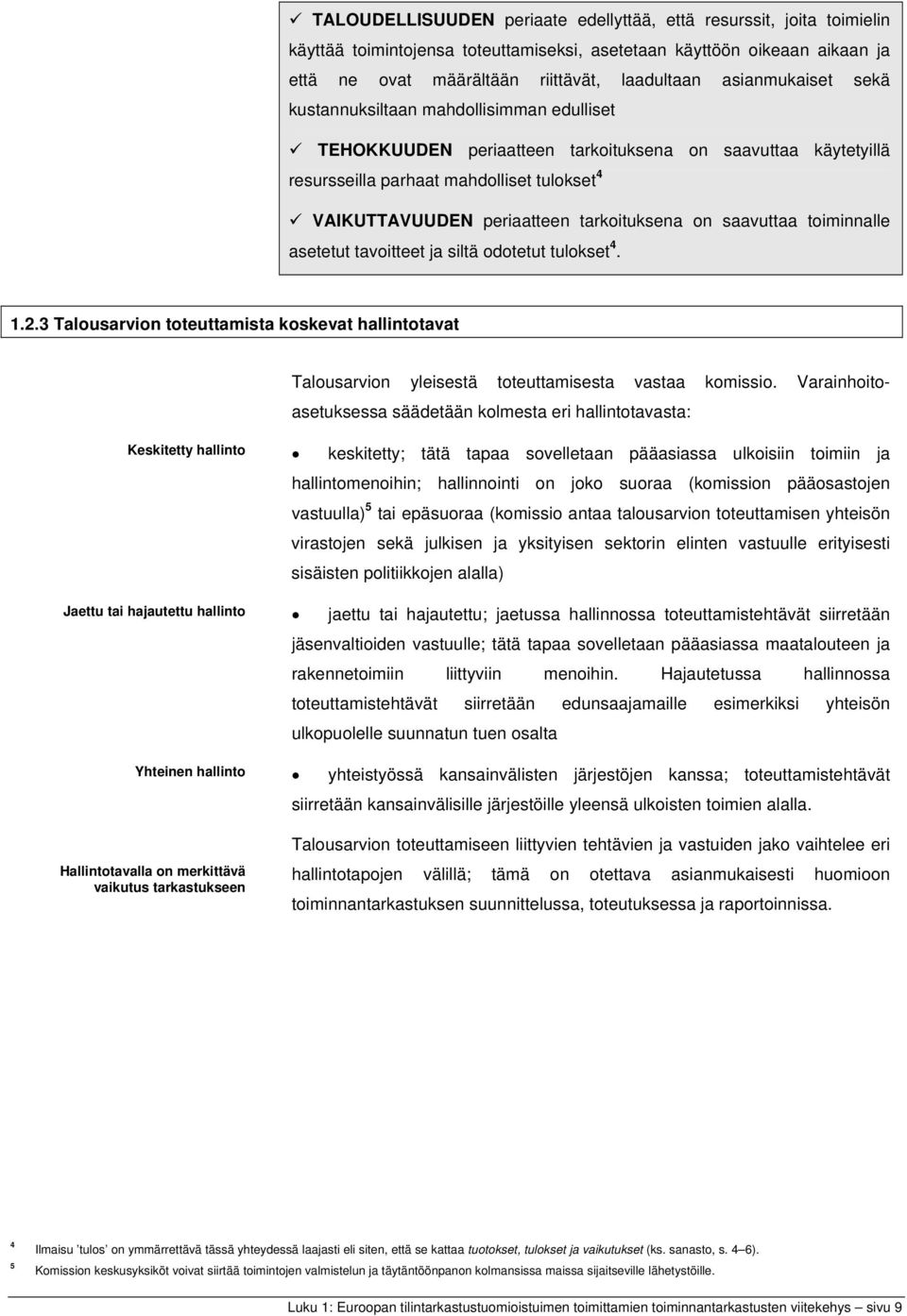 tarkoituksena on saavuttaa toiminnalle asetetut tavoitteet ja siltä odotetut tulokset 4. 1.2.3 Talousarvion toteuttamista koskevat hallintotavat Talousarvion yleisestä toteuttamisesta vastaa komissio.