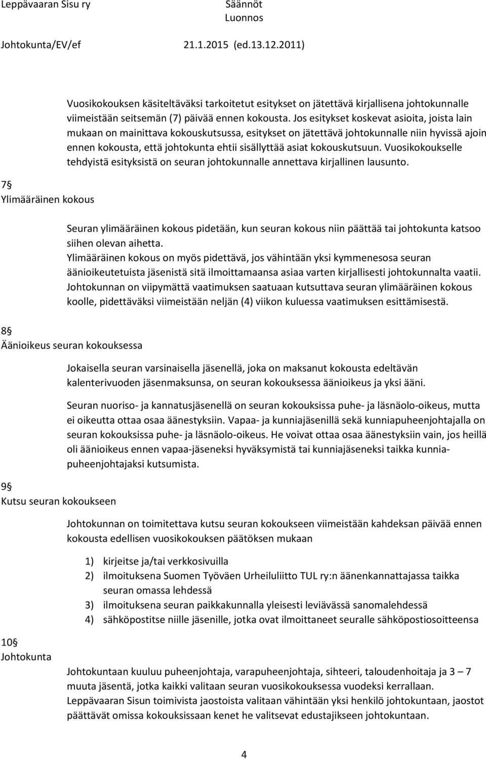 kokouskutsuun. Vuosikokoukselle tehdyistä esityksistä on seuran johtokunnalle annettava kirjallinen lausunto.