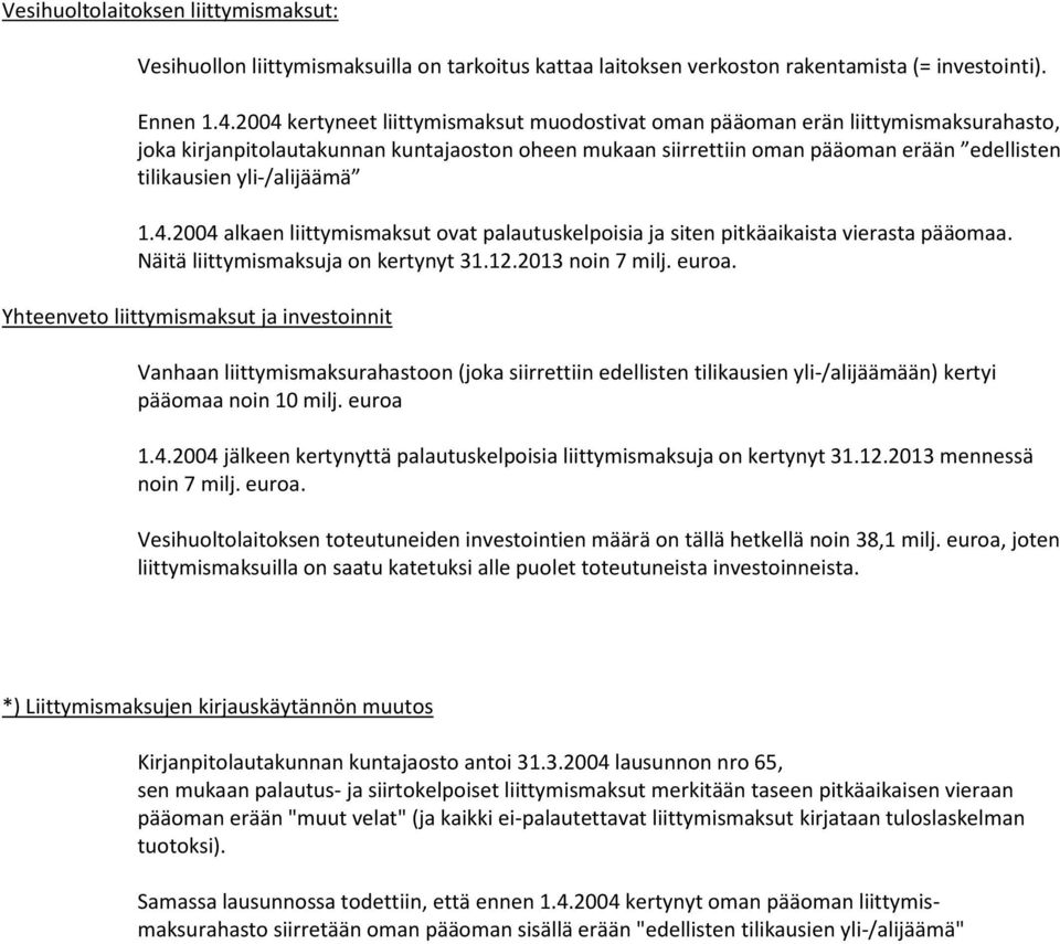 yli-/alijäämä 1.4.24 alkaen liittymismaksut ovat palautuskelpoisia ja siten pitkäaikaista vierasta pääomaa. Näitä liittymismaksuja on kertynyt 31.12.213 noin 7 milj. euroa.